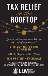 LLW Rooftop Tax Relief Invitation Design