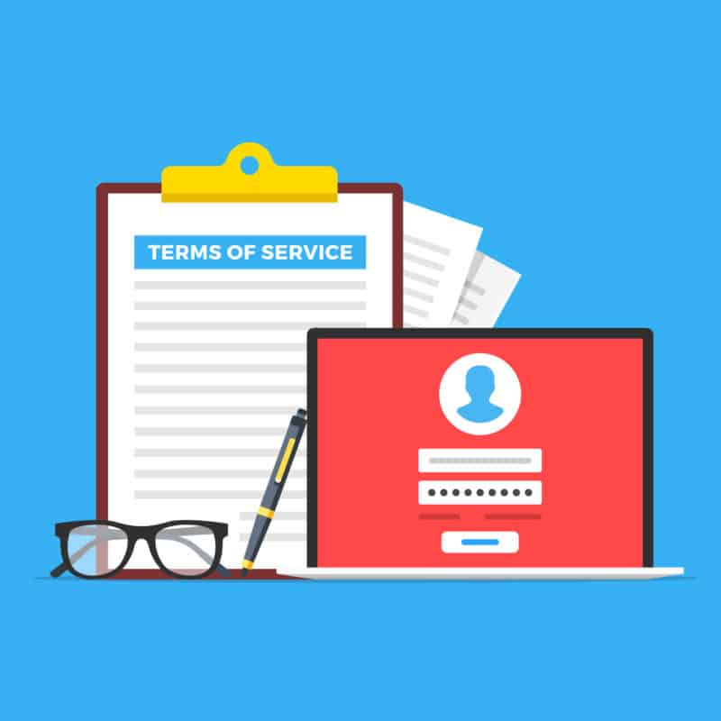 Terms of service. Clipboard with terms of service document, glasses, pen and laptop with registration page. Flat design. Vector illustration